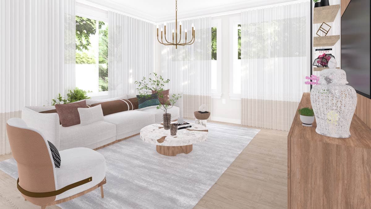Living room rendering with modular sofa, marble-top coffee table, floor-to-ceiling windows with sheer curtains, and built-in shelving.