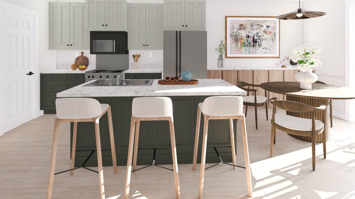 Modern kitchen rendering with a central island, dark green cabinetry, marble countertops, and light wood flooring. Dining area with round table.