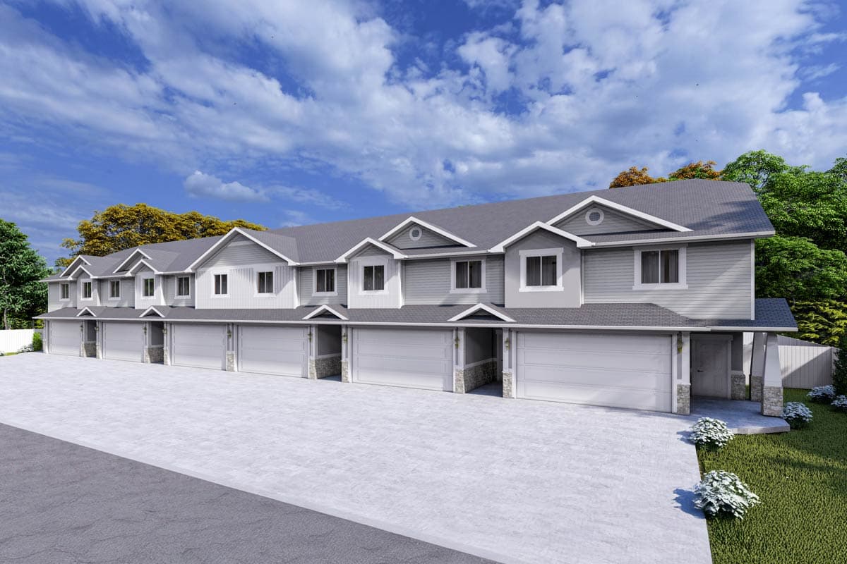 Two-story townhome house plan exterior with multiple garages, dormers, and gabled rooflines.