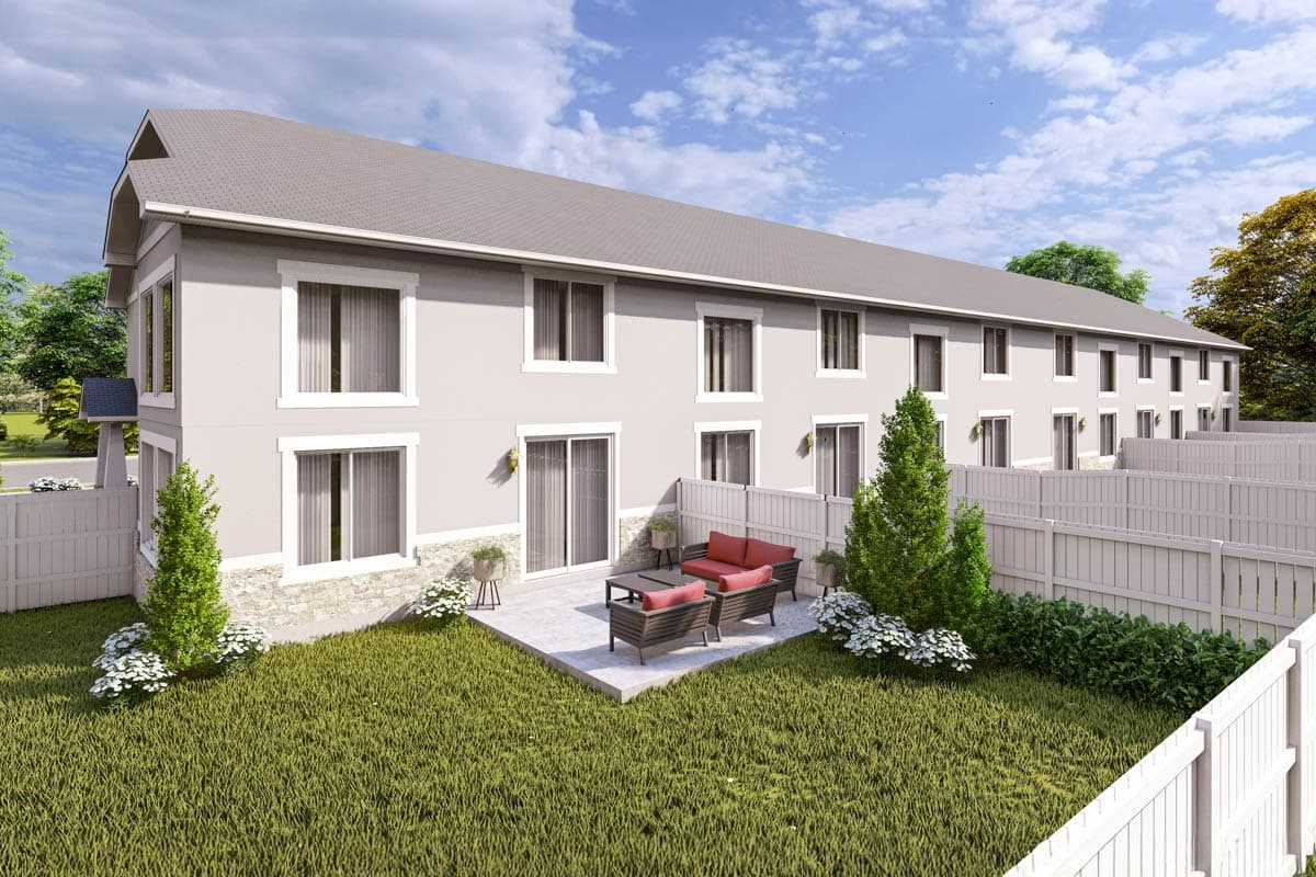 Two-story house plan exterior with a pitched roof, multiple windows, sliding doors, and stone base.