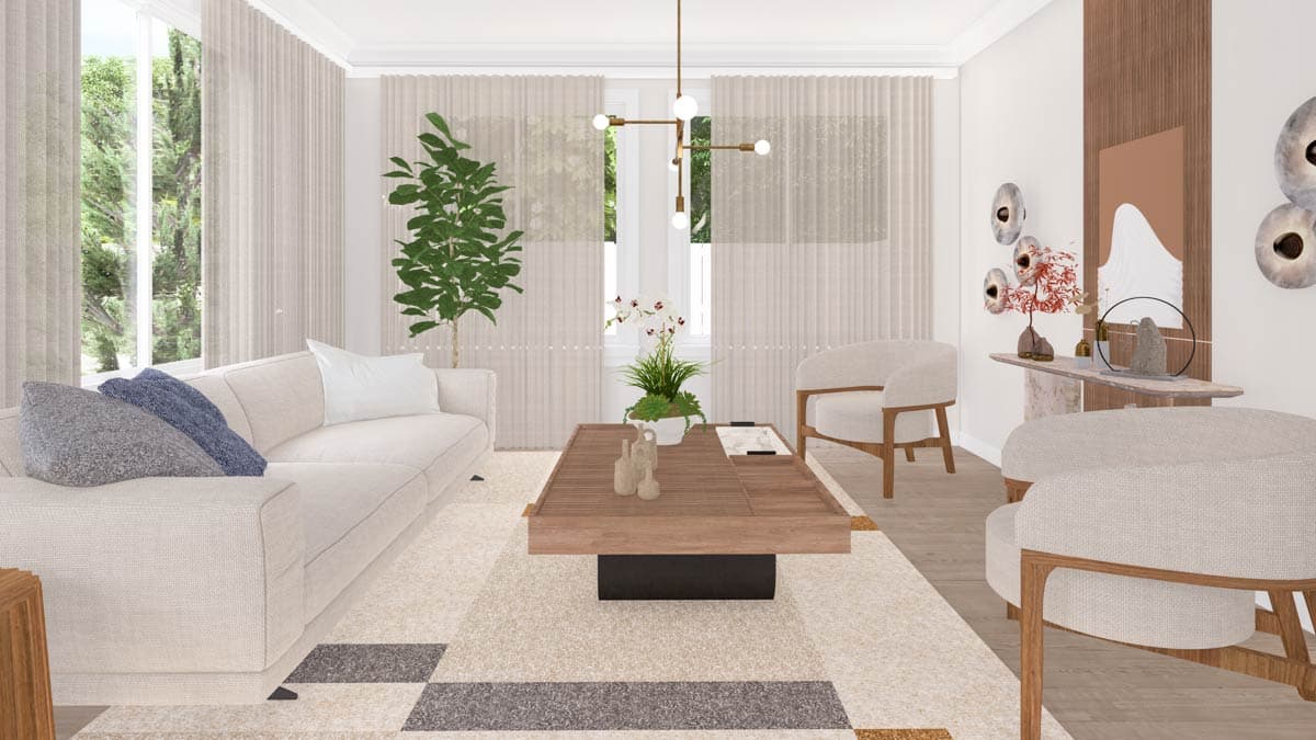 Living room interior with a sectional sofa, coffee table, chairs, large windows with sheer curtains, and modern wall decor.