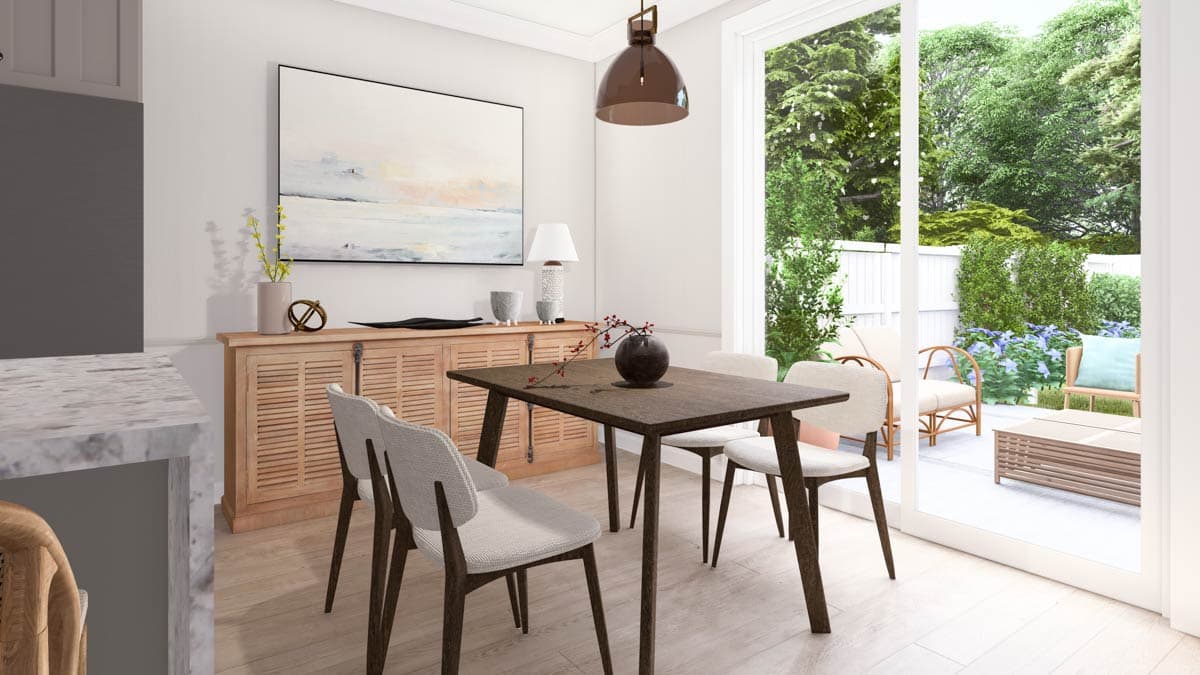 Dining room with dark wood table, slatted sideboard, and sliding glass doors opening to a patio with outdoor seating.