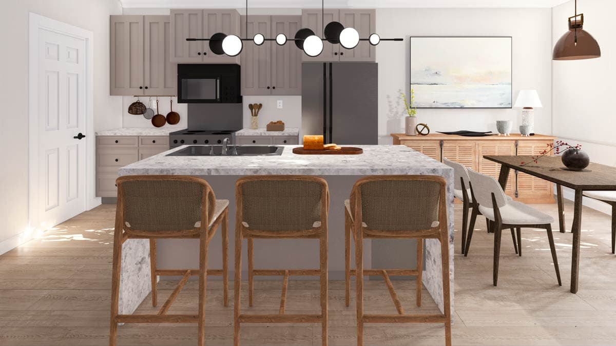 Modern kitchen with island, shaker cabinets, and dining area. Features marble countertop, pendant lights, and sideboard.