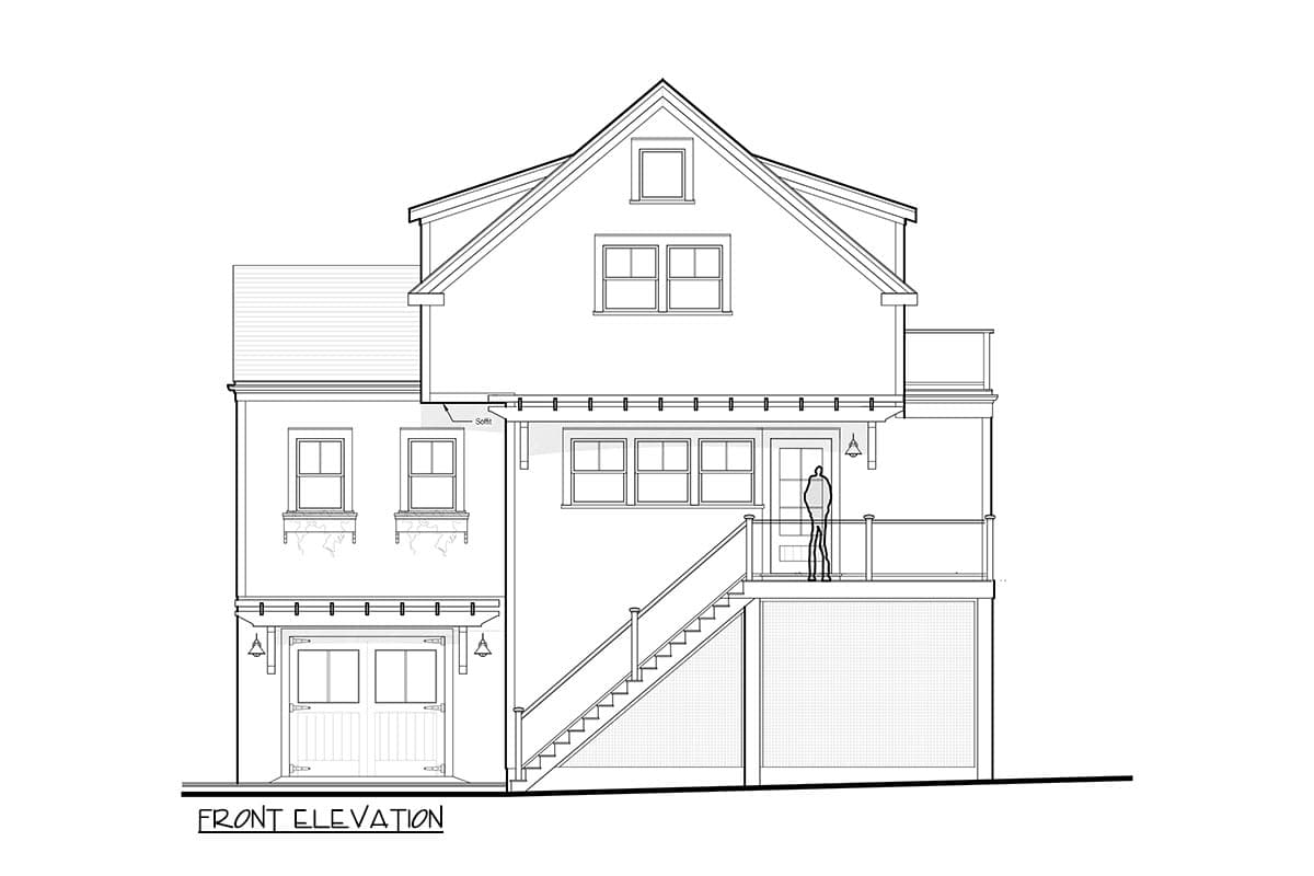 Front elevation drawing of a two-story house with a dormer, covered porch, and attached garage.