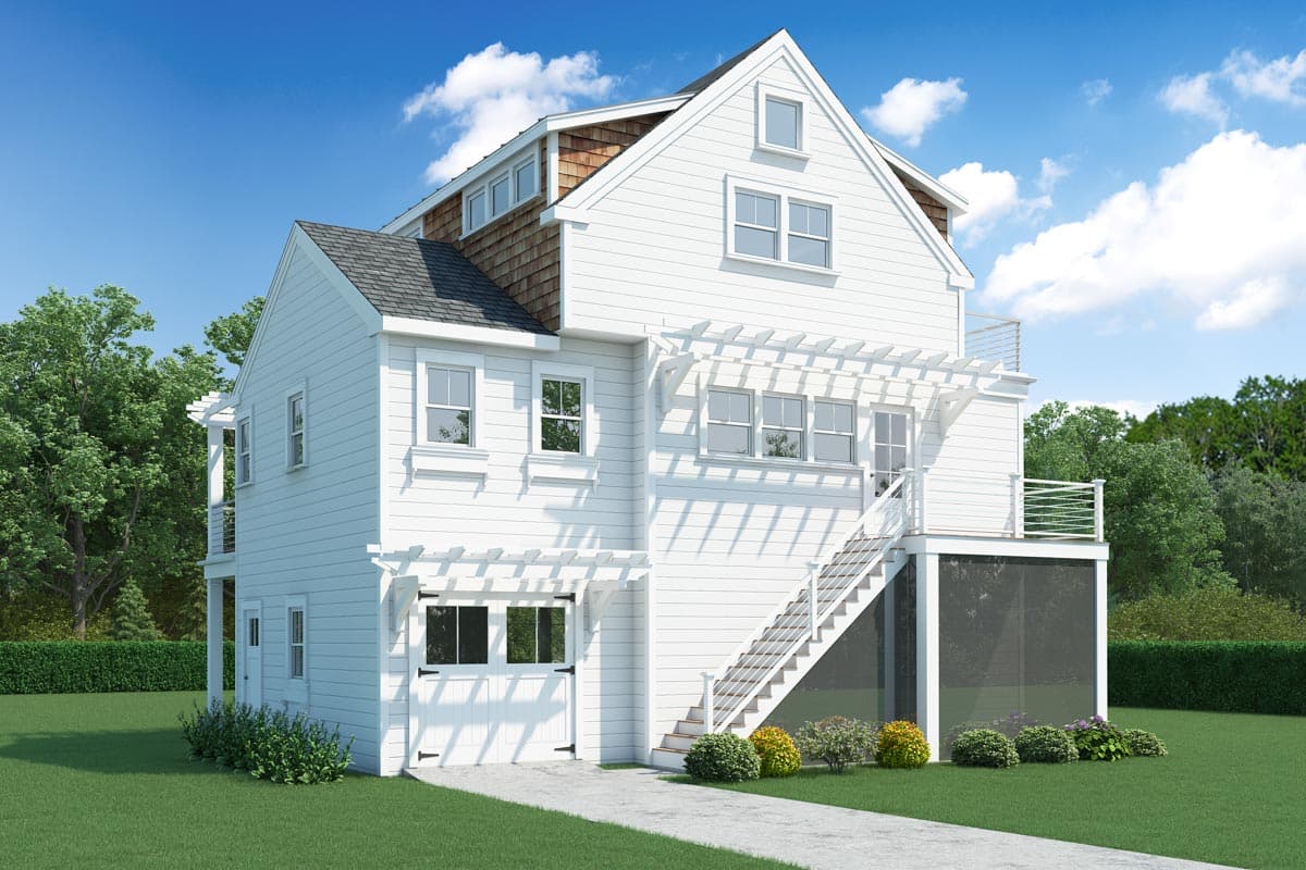 House plan exterior: Three-story modern home with white siding, gabled roof, dormers, front-facing garage, and pergolas.