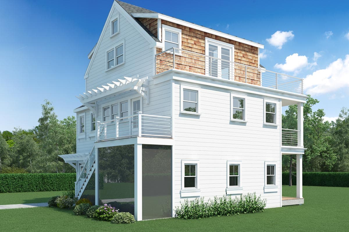 Three-story house plan exterior with white lap siding, cedar shingle dormers, multiple balconies, and a pergola.