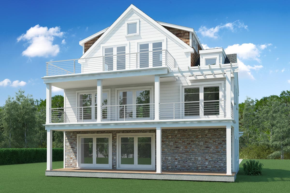 House plan exterior. Two-story with open balconies, stone facade on the ground level, gabled roof, and dormers.