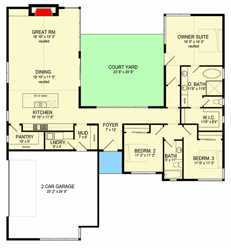 Plan 493019GNT: 3-Bed Scandinavian House Plan with Courtyard - 2044 Sq Ft - Floor Plan - Main Level - Scandinavian