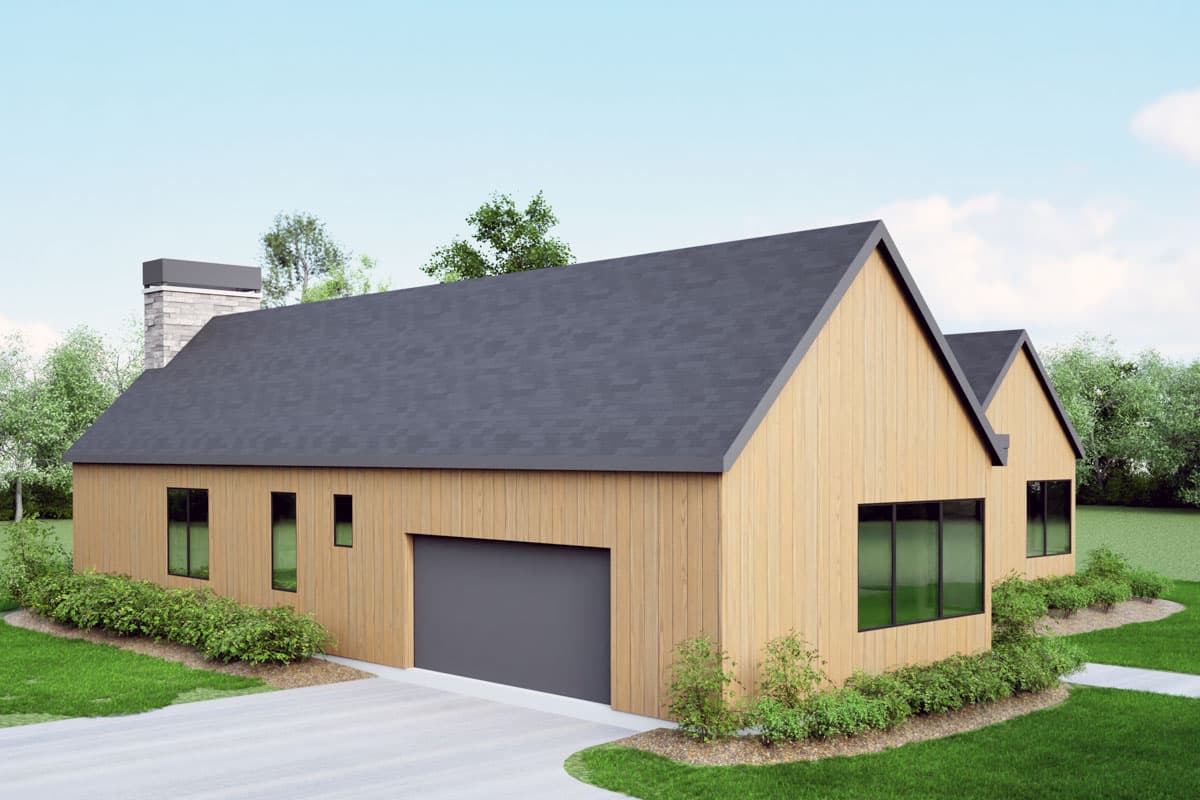 Modern house plan exterior with wood siding, prominent gables, a large garage door, and a stone chimney.