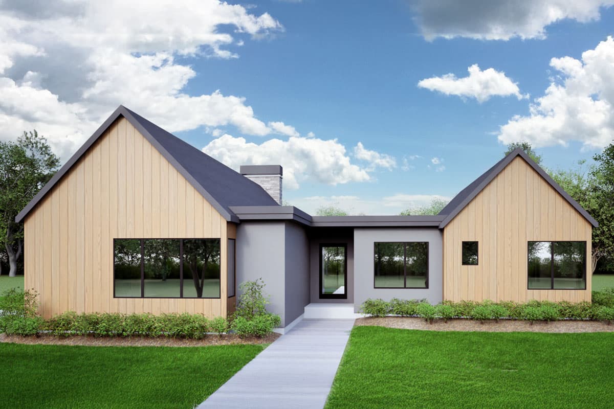 House plan exterior. Modern style home with two gabled sections and a flat roof. Features include large windows and vertical siding.