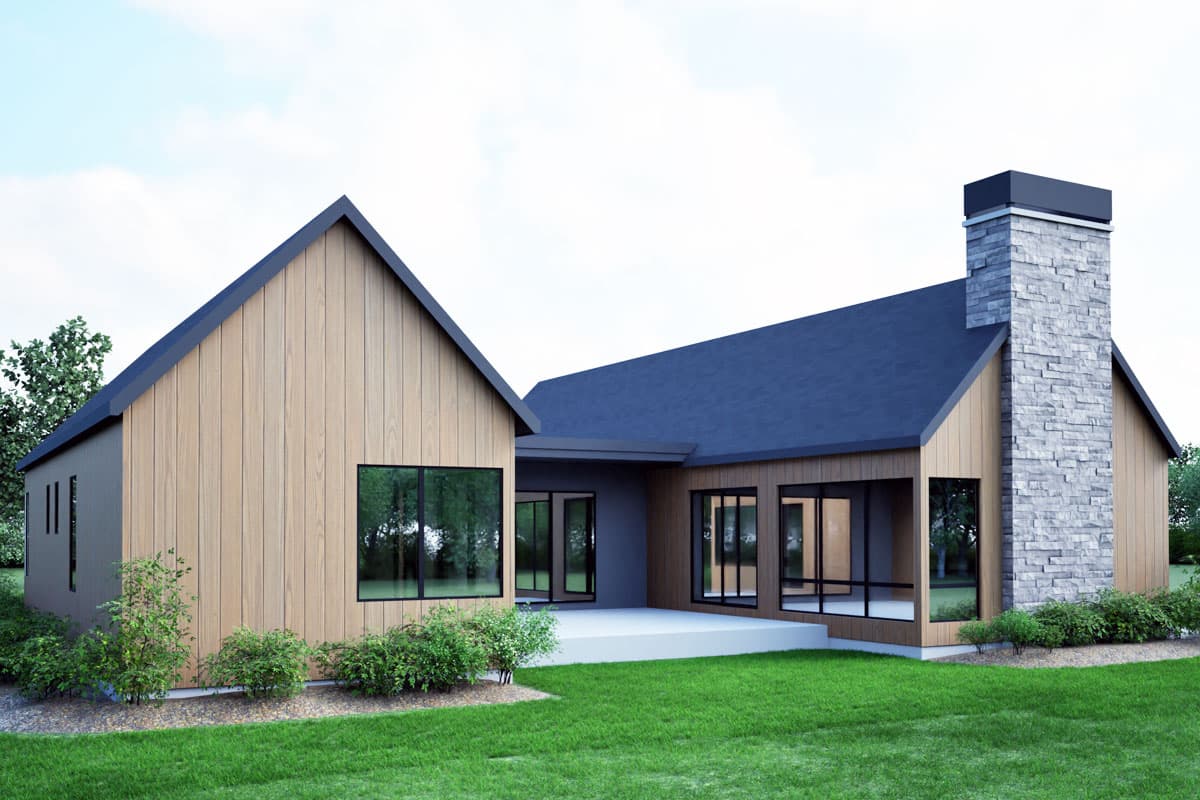 Modern house plan exterior with gabled roof, wood siding, large windows, and stone chimney.