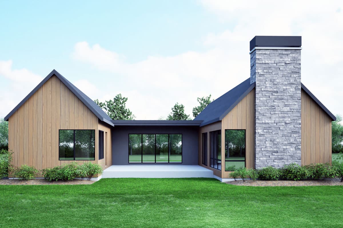 Modern house plan exterior with gabled roof, wood siding, large windows, and a prominent stone chimney.