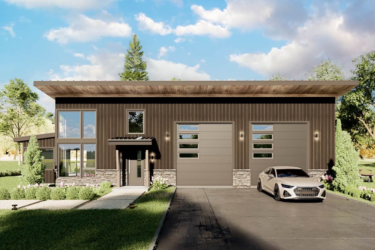 House plan exterior. Modern style with flat roof. Two-story structure featuring a covered entry, stone facade, and two-car garage.