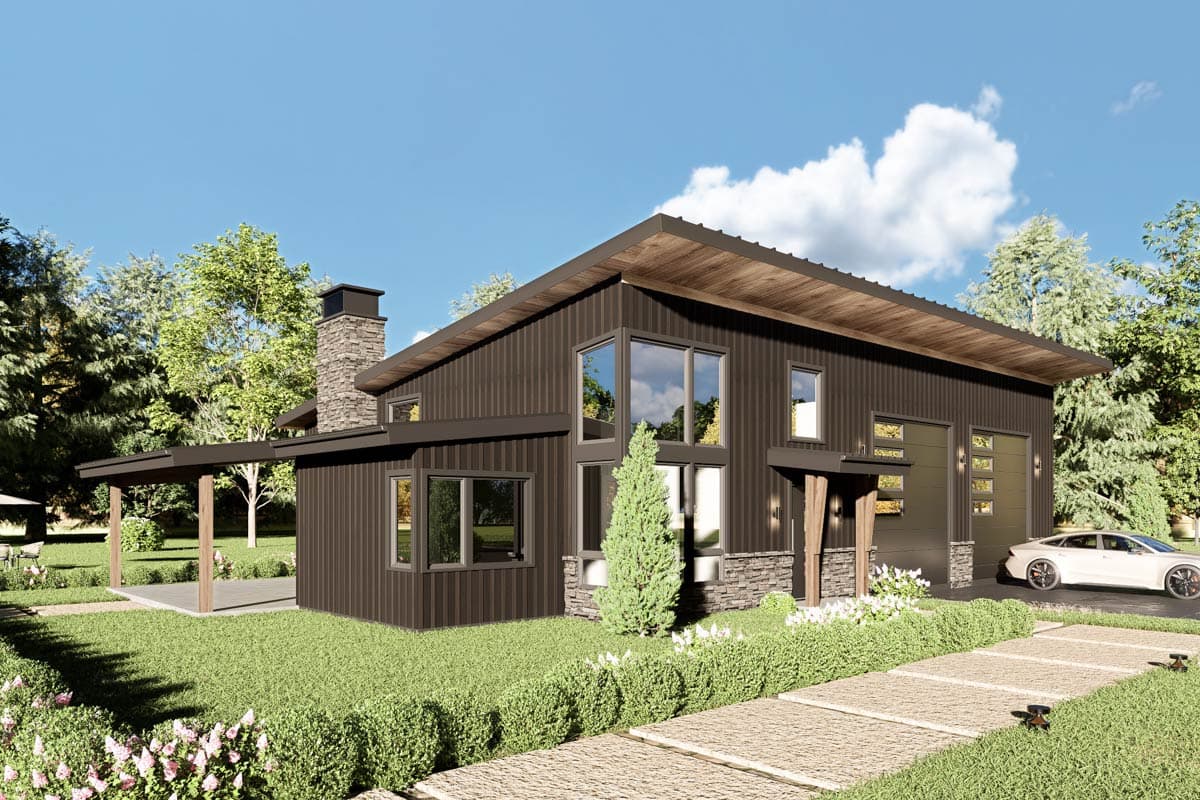 Modern house plan exterior with dark vertical siding, stone accents, angled rooflines, large windows, covered patio, and a three-car garage.