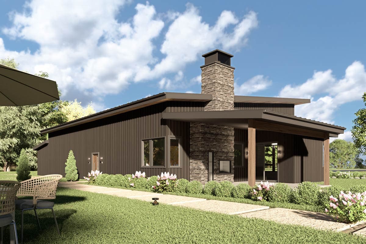 Modern house plan exterior with dark vertical siding, stone chimney, and covered porch with wood columns.