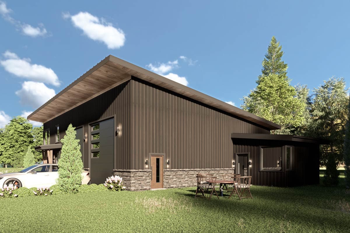 House plan exterior: Modern style, metal siding, stone base, sloped roof with wood soffit, large garage door, and covered entrance.