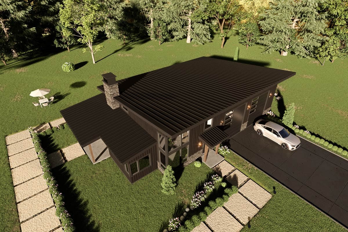 Modern house plan exterior with dark metal roof, stone chimney, large windows, and covered entry.