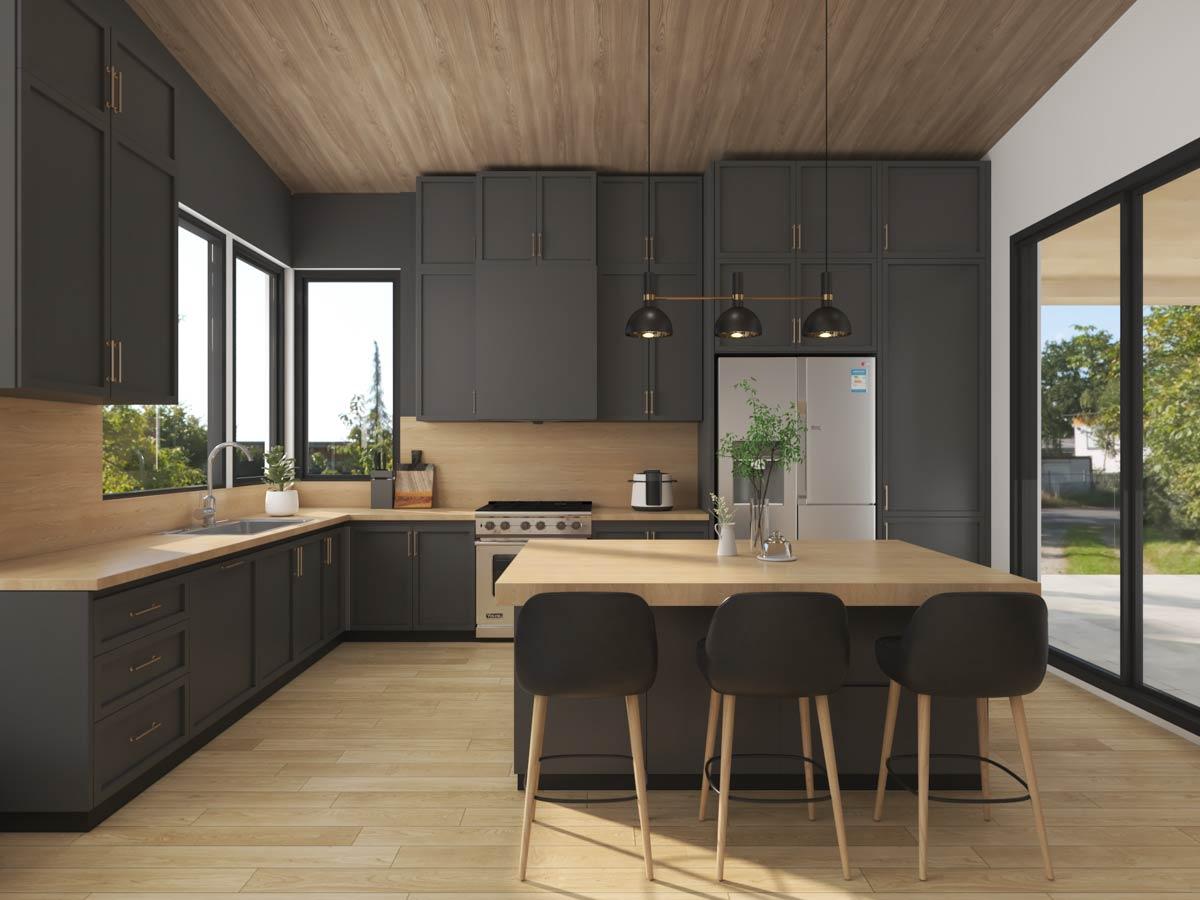 Modern kitchen with dark gray cabinetry, a central island with light wood countertop, and wood plank ceiling.