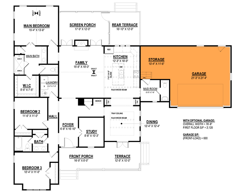 Plan 83669CRW: 3-Bed Traditional House Plan with Rear Screen Porch - 2015 Sq Ft - Floor Plan - Optional 2-Car Front Garage (+$350) - Country, Traditional