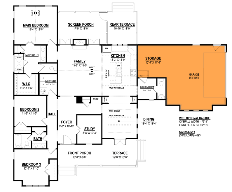 Plan 83669CRW: 3-Bed Traditional House Plan with Rear Screen Porch - 2015 Sq Ft - Floor Plan - Optional 2-Car Side Garage (+$350) - Country, Traditional
