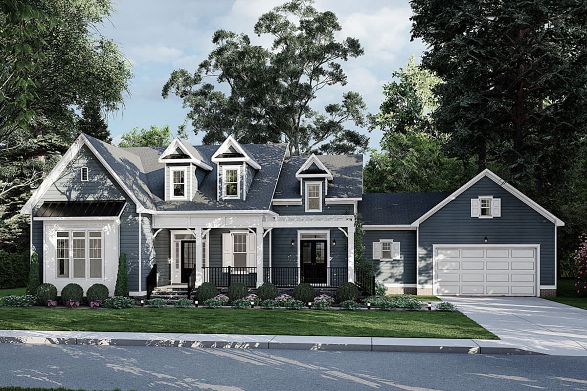 House plan exterior featuring a Modern Farmhouse style with a two-car garage, front porch with columns, and multiple dormer windows.