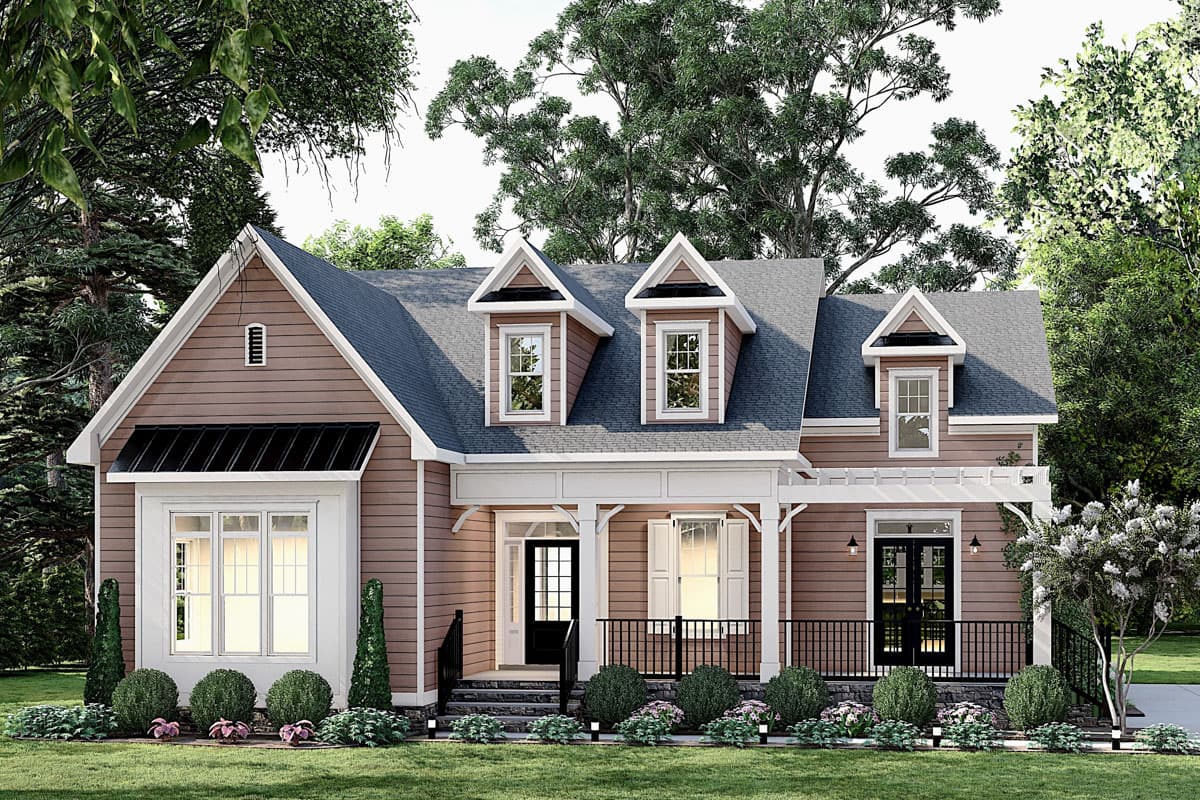 House plan exterior: two-story, traditional style, featuring a covered front porch with white columns, multiple gables, and dormer windows.