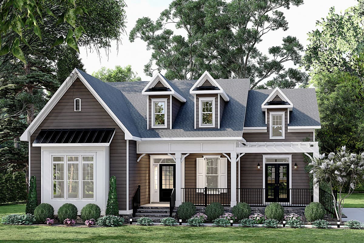 Exterior view of a two-story house plan with gables, dormers, and a covered front porch with white railings.