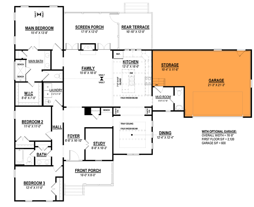 Plan 83670CRW: Single-Story Traditional Cottage House Plan with Split-Bedrooms - 2015 Sq Ft - Floor Plan - Optional 2-Car Front Garage (+$350) - Cottage, Traditional