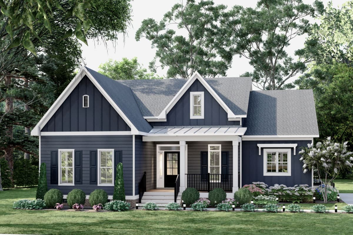 House plan exterior of a one-story Modern Farmhouse with a covered front porch, gables, and board-and-batten siding.