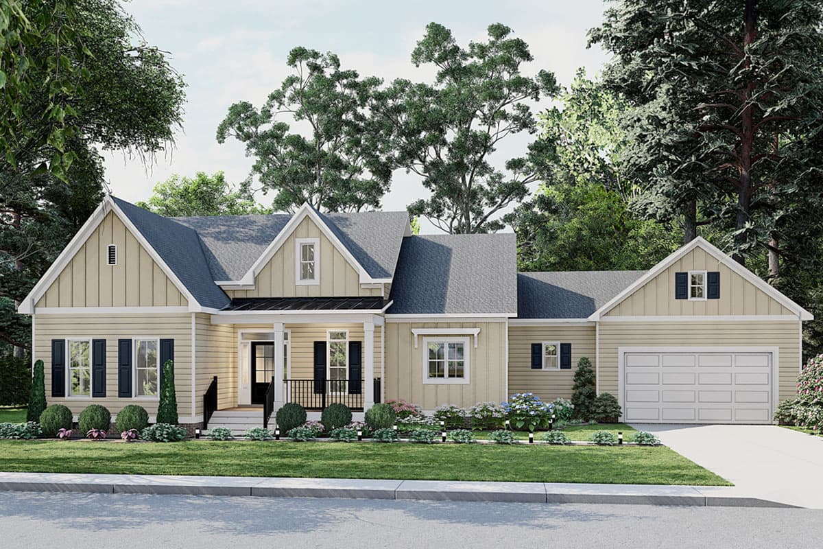 House plan exterior of a one-story Modern Farmhouse with a gabled front, covered porch, and attached two-car garage.