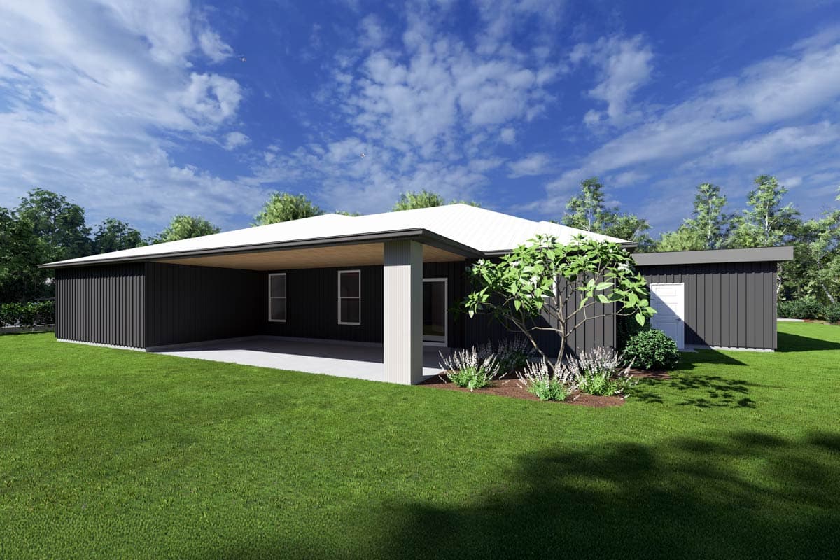House plan exterior with dark vertical siding, white roof, attached carport, and adjacent shed.