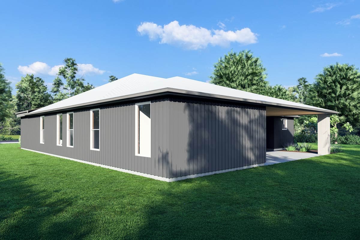 Single-story house plan exterior with dark vertical siding, white gabled roof, and covered porch entry.