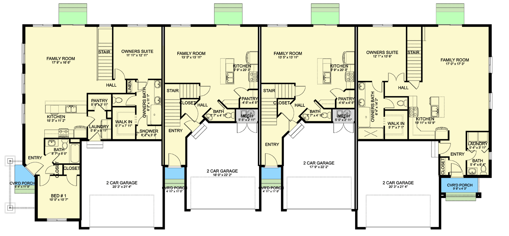 Plan 61577UT: Two-Story Four-Plex House Plan with 2-Car Garage Per Unit - 5469 Sq Ft - Floor Plan - Main Level - Traditional