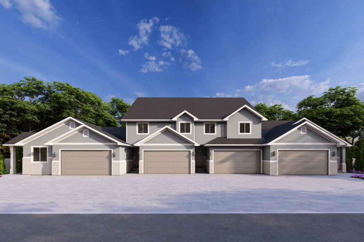 House plan exterior. Two-story multi-unit dwelling with multiple gabled roof sections, multiple garage bays, and decorative trim details.