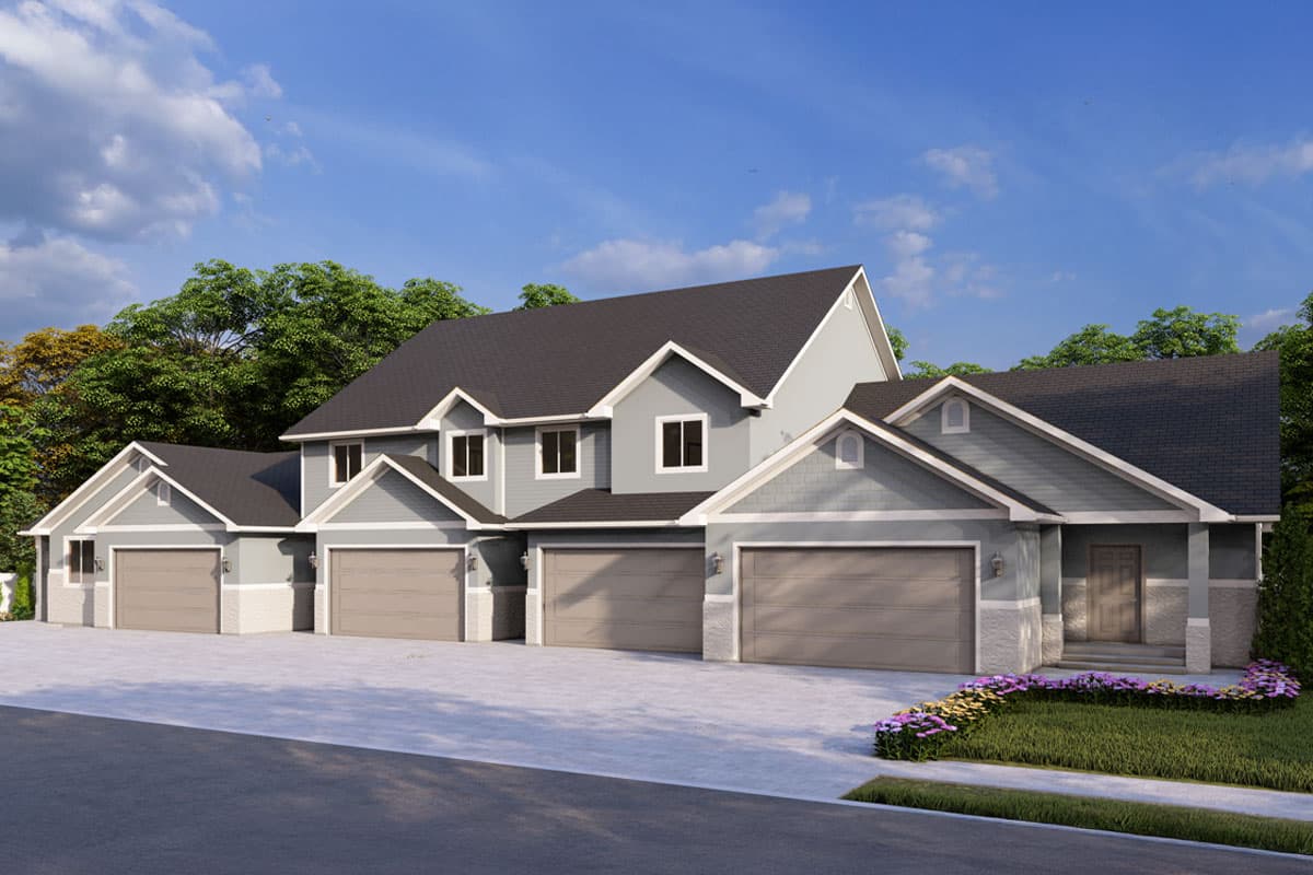 House plan exterior: two-story modern farmhouse with multiple gables, dormers, and attached garages.