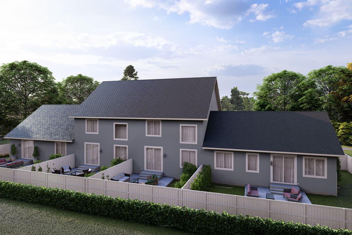 House plan exterior: two-story dwelling with multiple gables, large windows, and fenced backyards with patio seating.