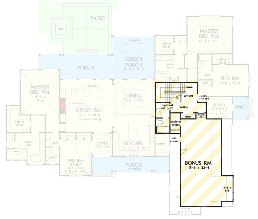 Plan 444428GDN: 4-Bedroom New American House Plan with Bonus Room - 3236 Sq Ft - Floor Plan - Bonus Level - Farmhouse, Modern Farmhouse, New American