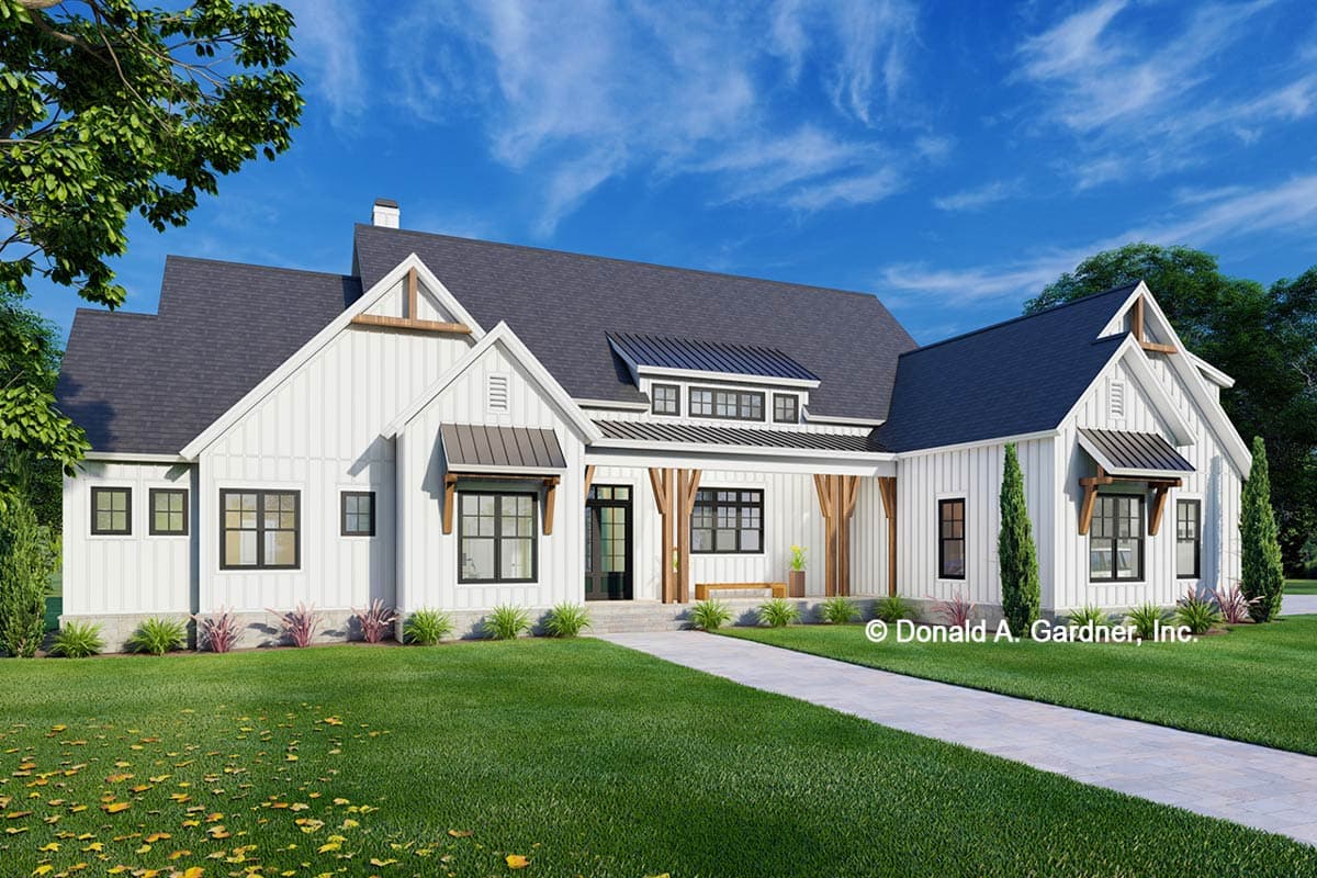 House plan exterior in a Modern Farmhouse style. Features include gables, a covered porch, and a combination of board and batten siding.