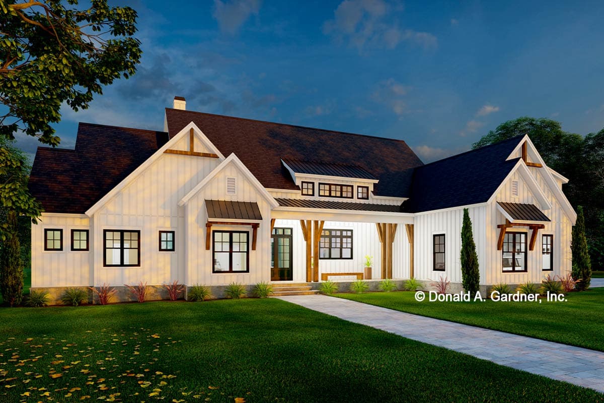Modern Farmhouse house plan exterior with gables, board-and-batten siding, porch with wooden beams, and dark gabled dormers.