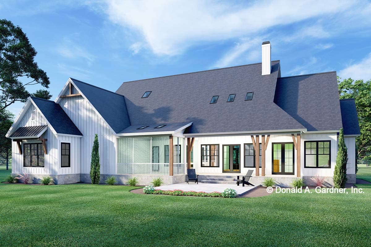 Modern Farmhouse house plan exterior with board and batten siding, multiple gables, screened porch, and large windows.