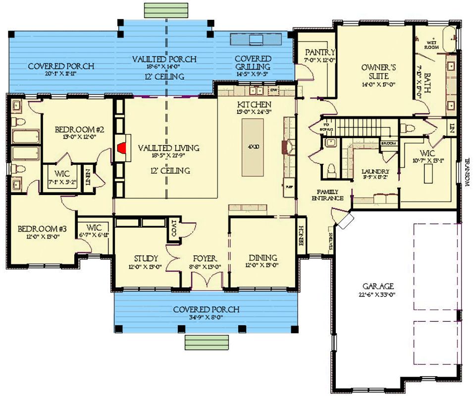 Plan 46526LA: 3-Bed Modern Farmhouse Plan with Bonus Room Over Garage - 2993 Sq Ft - Floor Plan - Main Level - Country, Farmhouse, Modern Farmhouse, New American