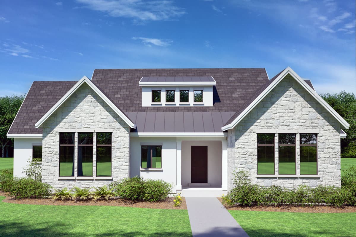 House plan exterior with stone veneer, gabled roof, and dormer. Features a covered porch and multi-pane windows.