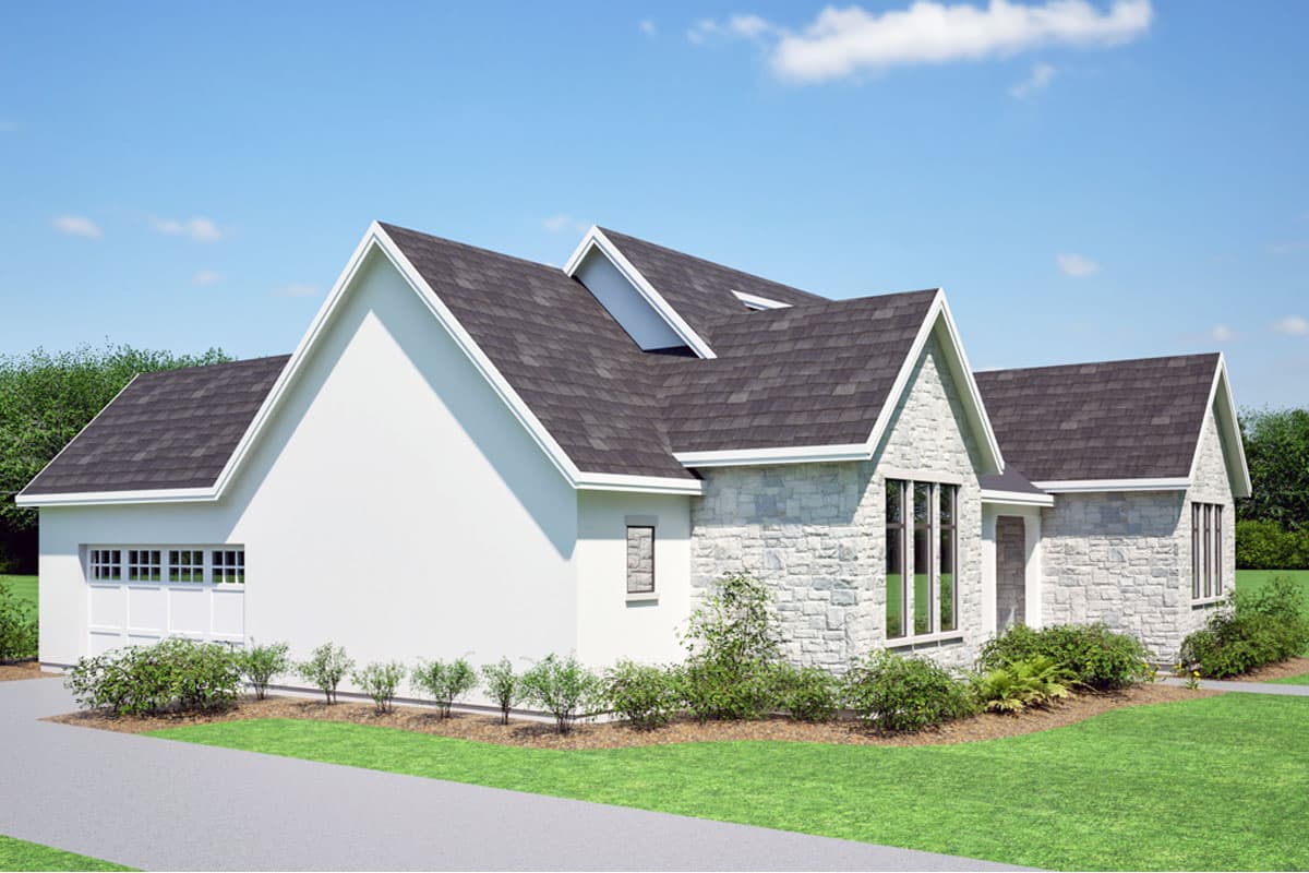 House plan exterior with stone accents, gables, and a white garage door.