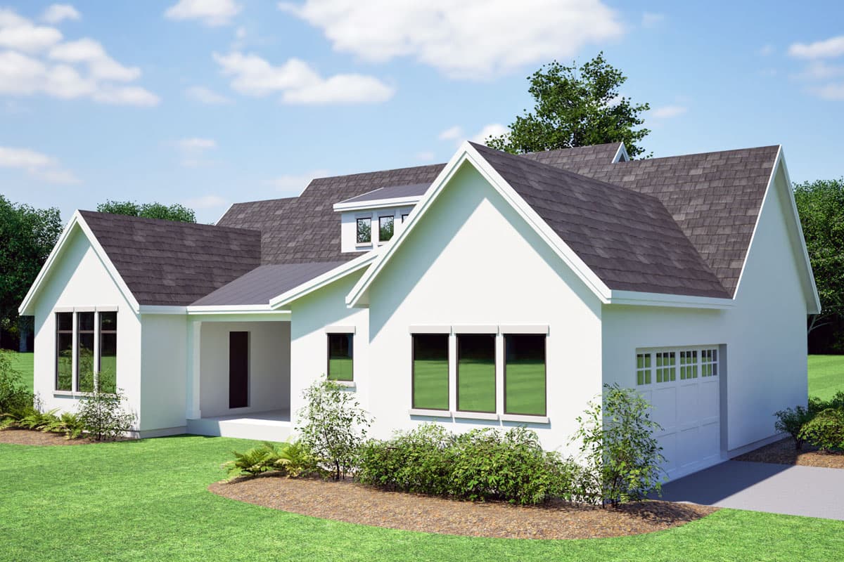 House plan exterior of a two-story Modern Farmhouse with gables, a covered entry, dormer windows, and a side-facing garage.