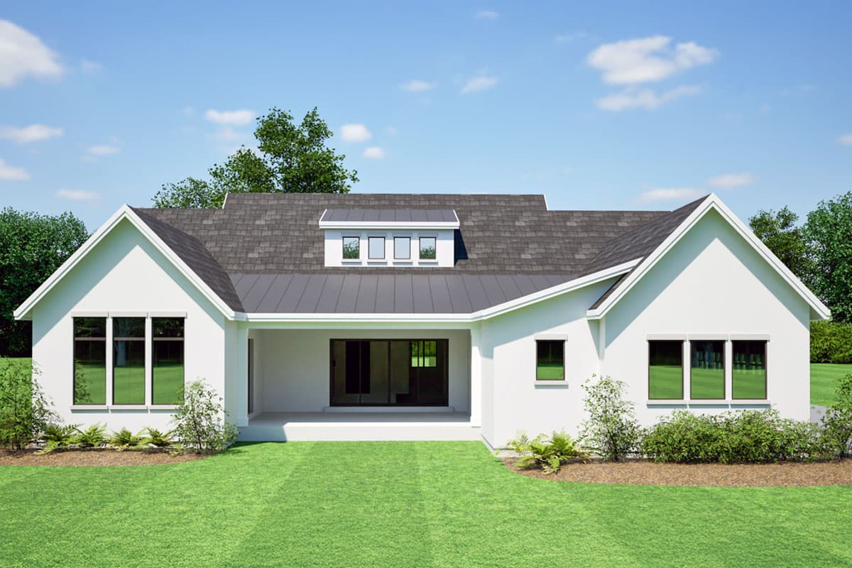 House plan exterior with gables, covered patio, large windows, and dormer with multiple panes.