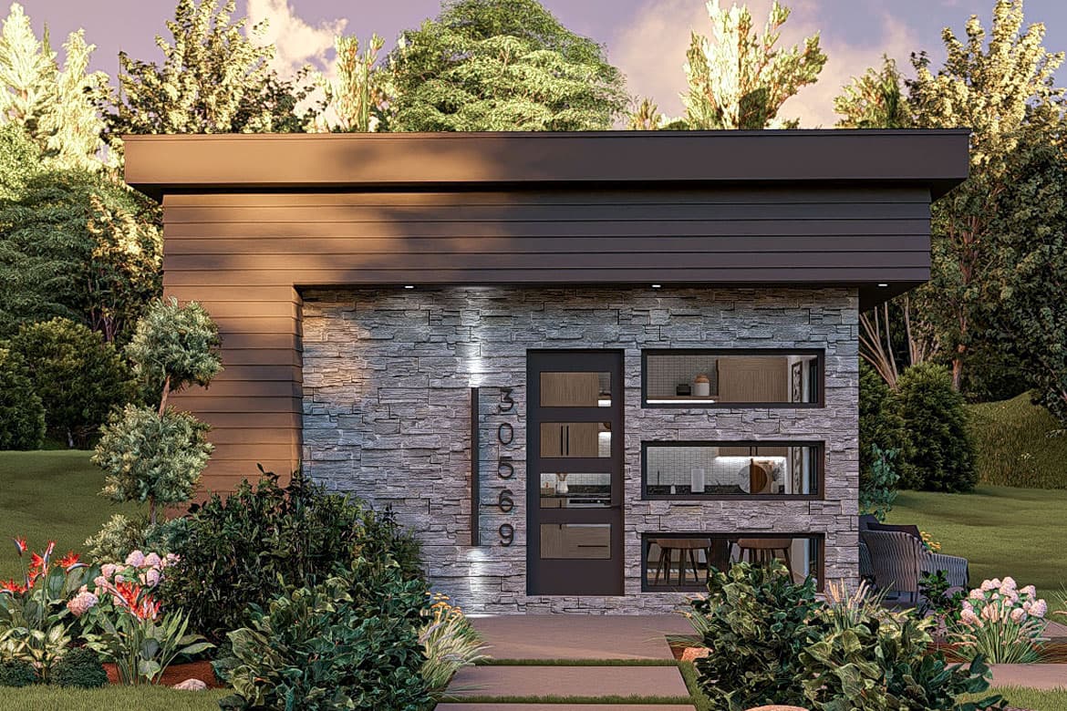 Modern house plan exterior with stacked stone facade, horizontal siding, flat roof, and three horizontal windows.