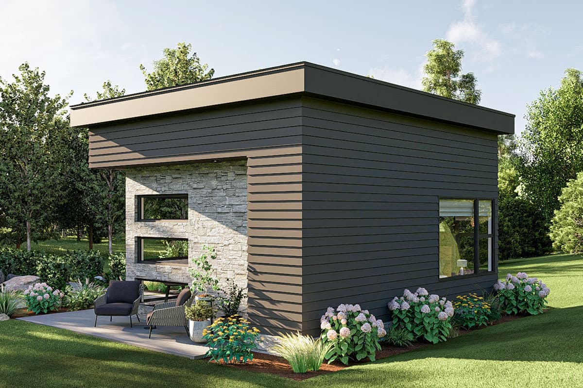 Modern house plan exterior with stacked stone accent, horizontal siding, and flat roofline. Features patio seating and multiple windows.