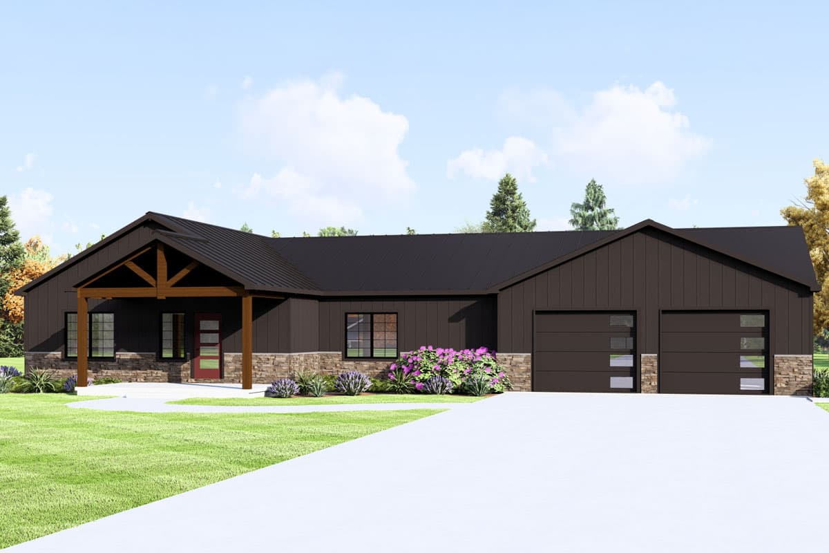 Modern Farmhouse house plan exterior with covered porch, stone accents, metal roof, and attached two-car garage.