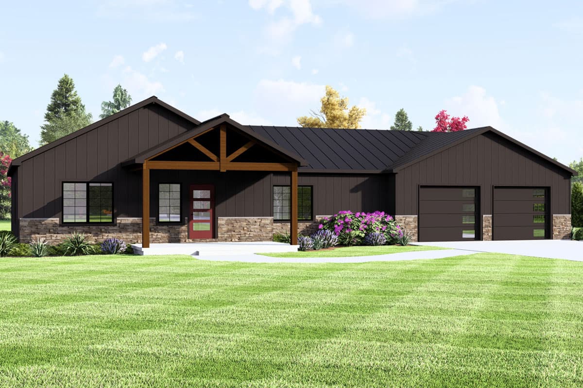 House plan exterior. Modern style with one story, board-and-batten siding, a timber-framed entry porch, and a two-car garage with glass panels.