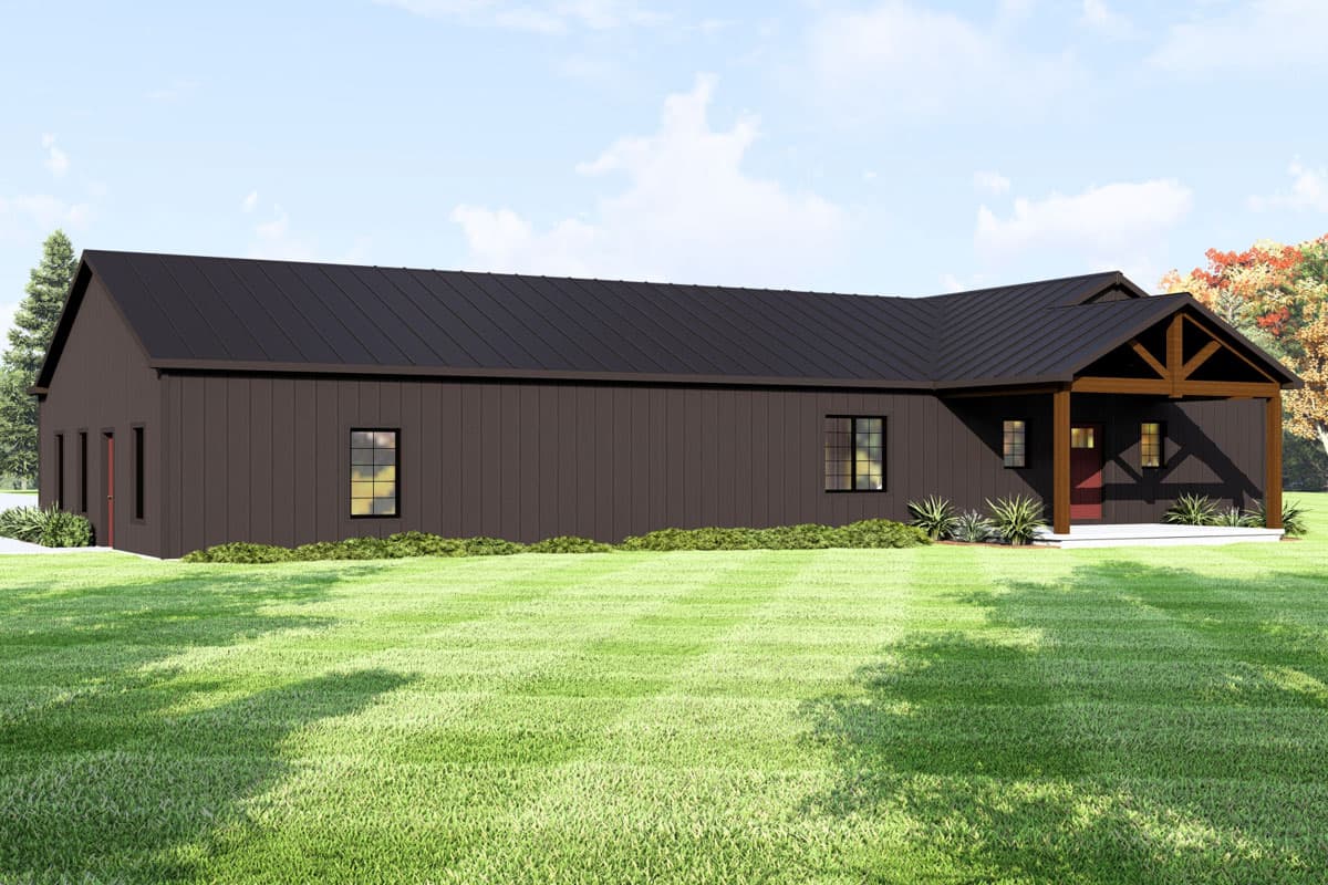 Modern farmhouse style house plan exterior, one story, with dark siding, metal roof, and exposed beam porch.